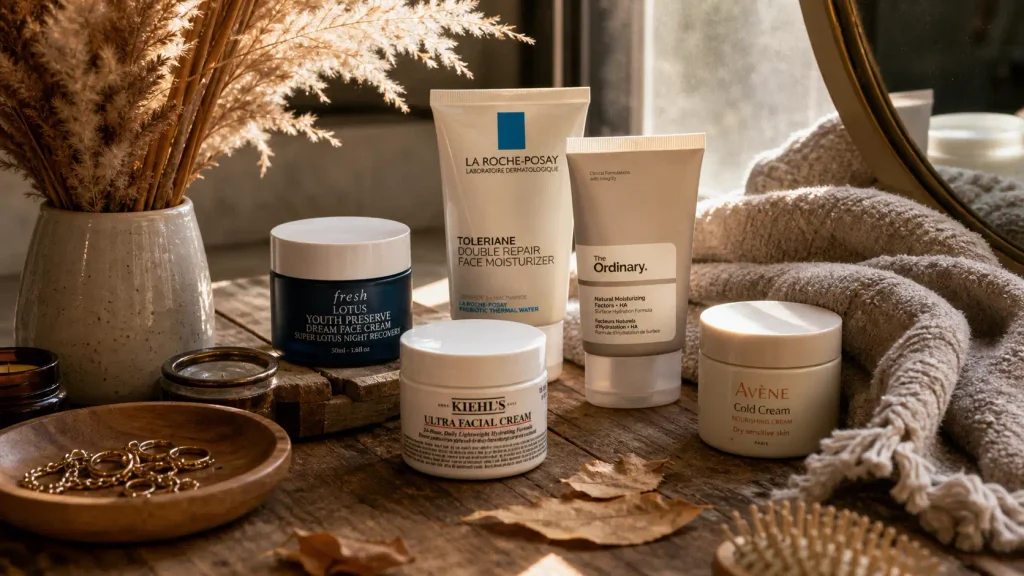 Aesthetic flat lay of heavy moisturizers to repair skin barrier and cozy fall decor on a wooden vanity.