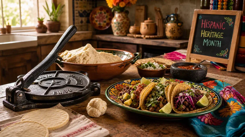 A heavy cast iron tortilla press sitting on a kitchen counter next to fresh masa and authentic Mexican street tacos.