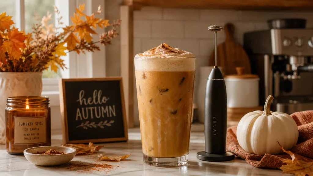 The best milk frother for pumpkin spice latte setup on an autumn kitchen countertop