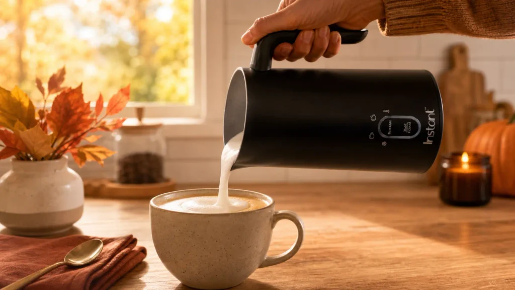 Steamed milk foam pouring from an Instant 4-in-1 electric frother into a coffee mug for a pumpkin spice latte.