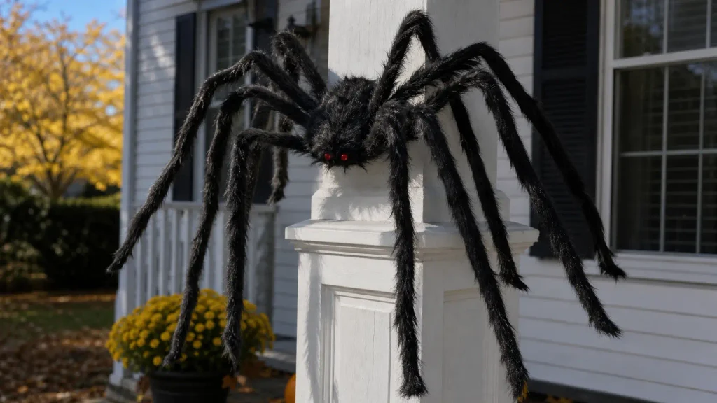 Close-up of the JOYIN 5 ft giant outdoor spider wrapped around a white front porch column.