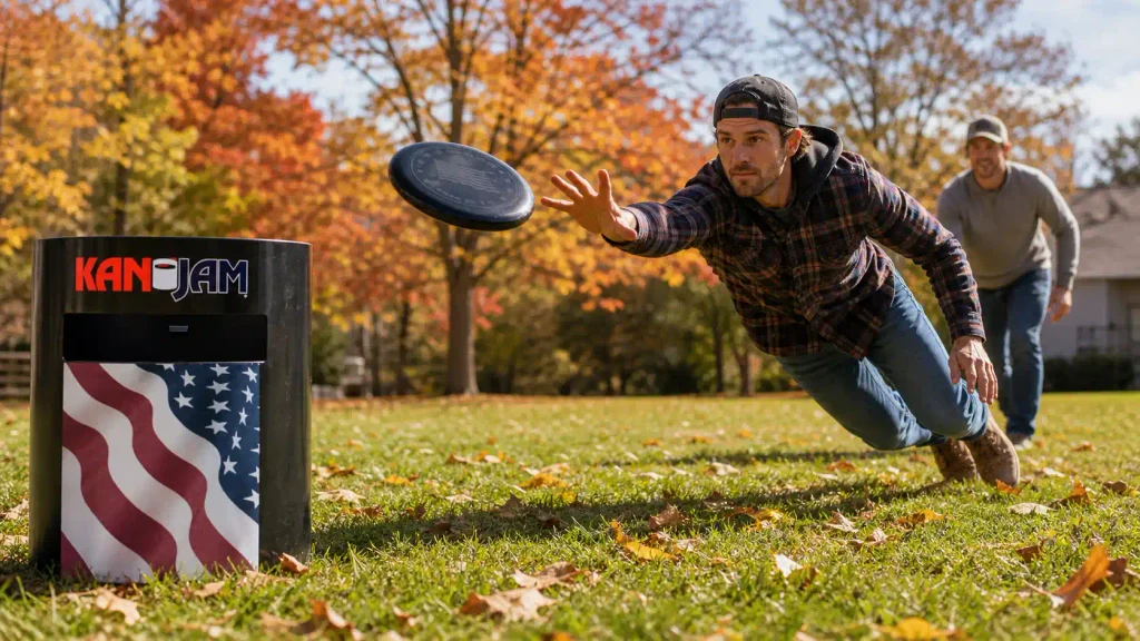 Flying disc approaching a Kan Jam target cylinder with a teammate diving to deflect the disc on the grass