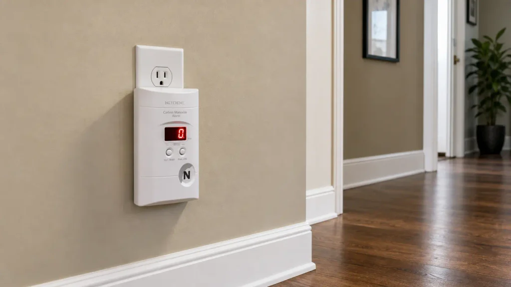 Kidde KN-COPP-3 plug-in carbon monoxide detector with digital display plugged into a hallway wall outlet