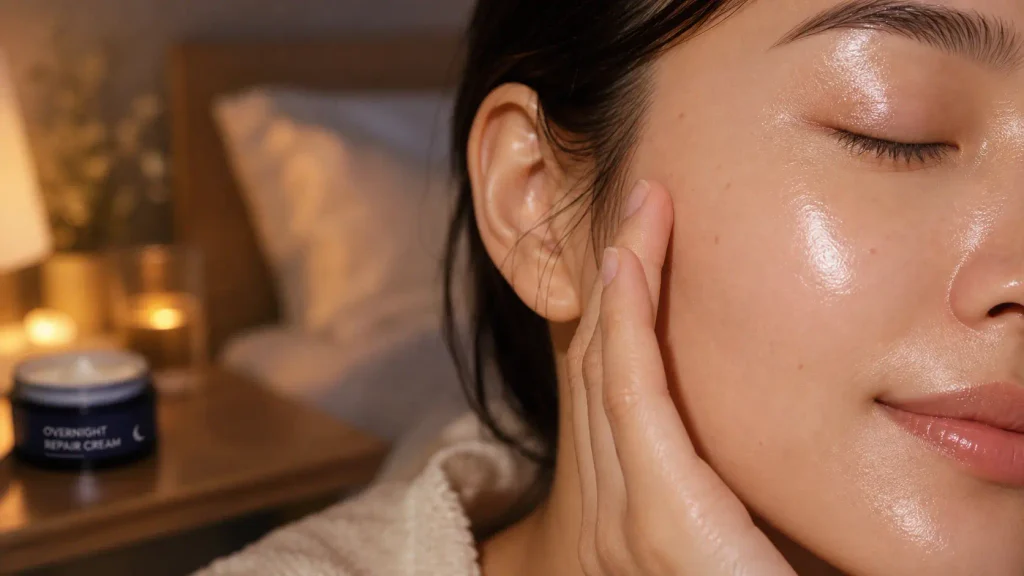 Close up of dewy, deeply moisturized skin after applying a rich night cream.
