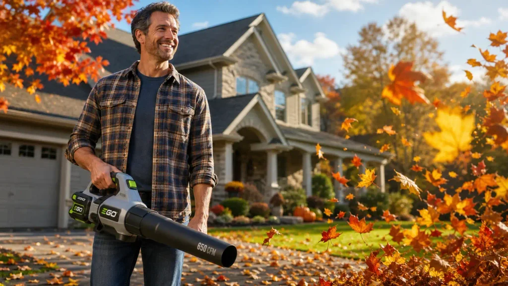 A homeowner using one of the best lightweight leaf blowers for fall cleanup on a sunny day.