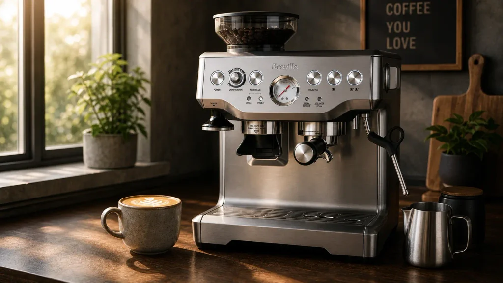 The best entry level prosumer espresso machine sitting on a kitchen counter in morning light.