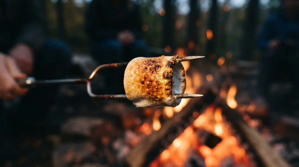Close up of MalloMe telescoping skewers holding a perfectly toasted marshmallow over a fire.