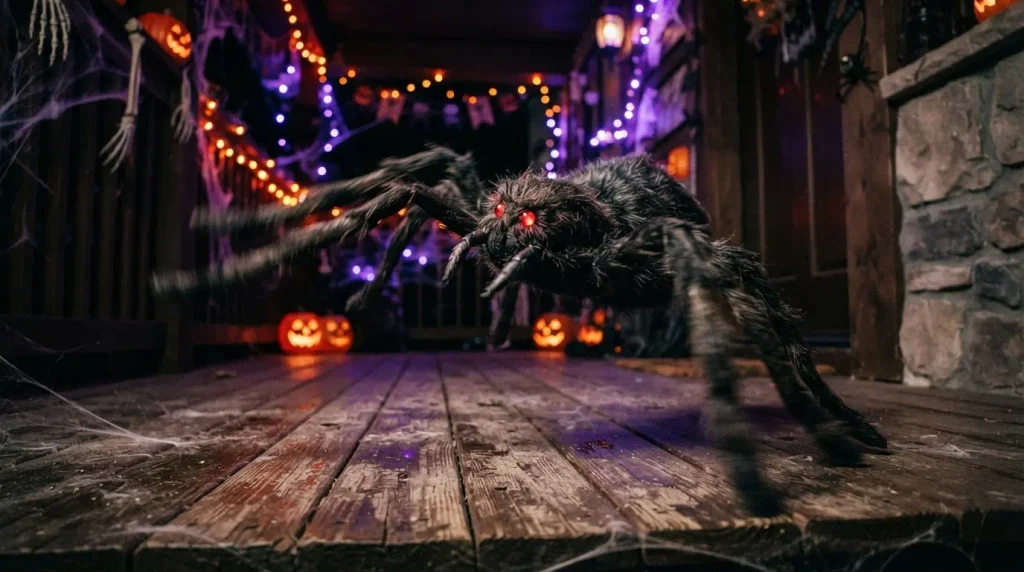 Spirit Halloween jumping spider animatronic lunging forward on a front porch at night.