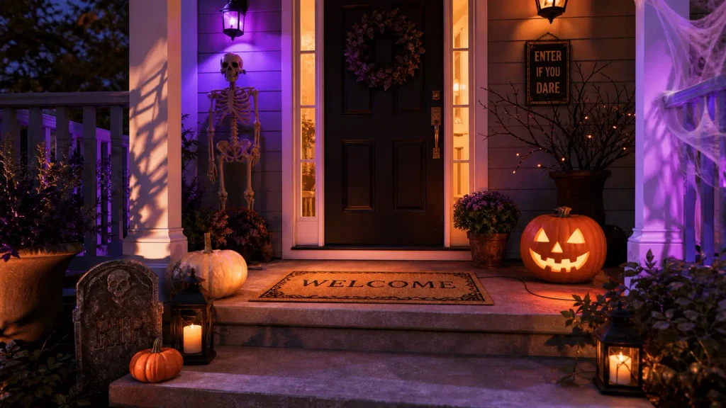 A decorated Halloween porch set up for harmless trick or treat pranks