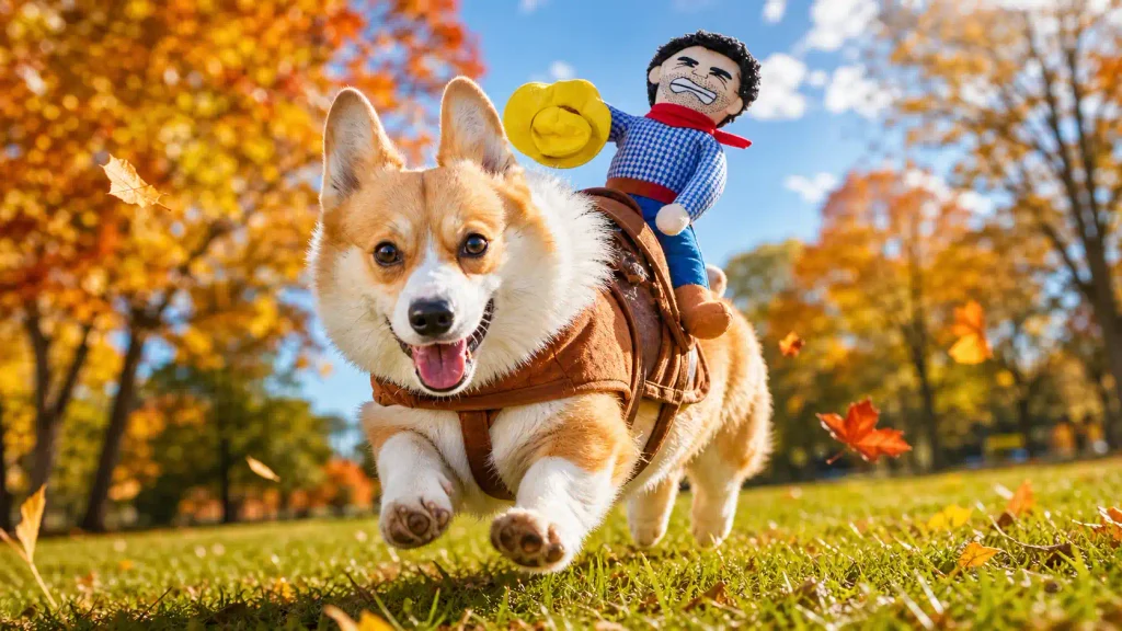 Corgi running in backyard with the NACOCO Cowboy Rider Dog Costume bouncing on its back