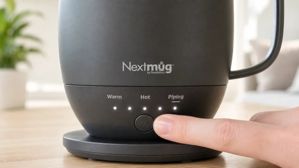 Close up view of a hand operating the physical temperature control buttons on the Nextmug self-heating coffee mug.