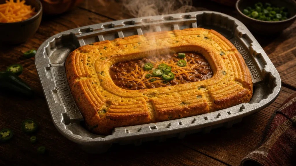 Jalapeno cornbread stadium baked in the Nordic Ware cast aluminum pan with a chili center