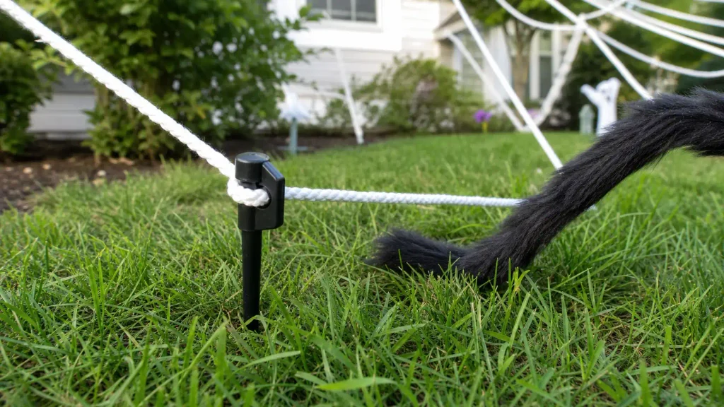 Securing the anchor lines of the OCATO 200-inch outdoor spider web into the front yard grass.