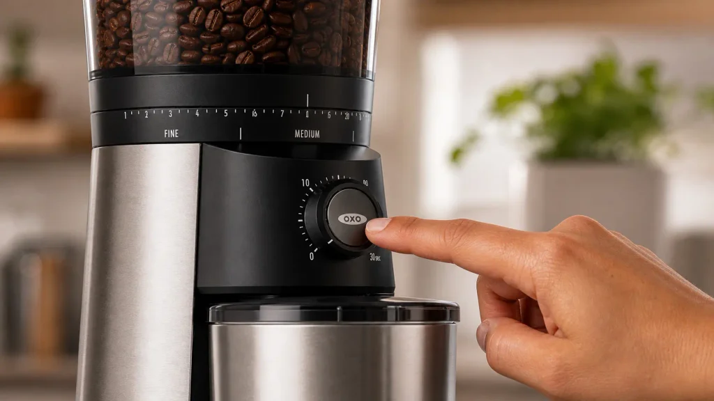 Close up of the one-touch timer dial on the OXO Brew Conical Burr Coffee Grinder being pressed.