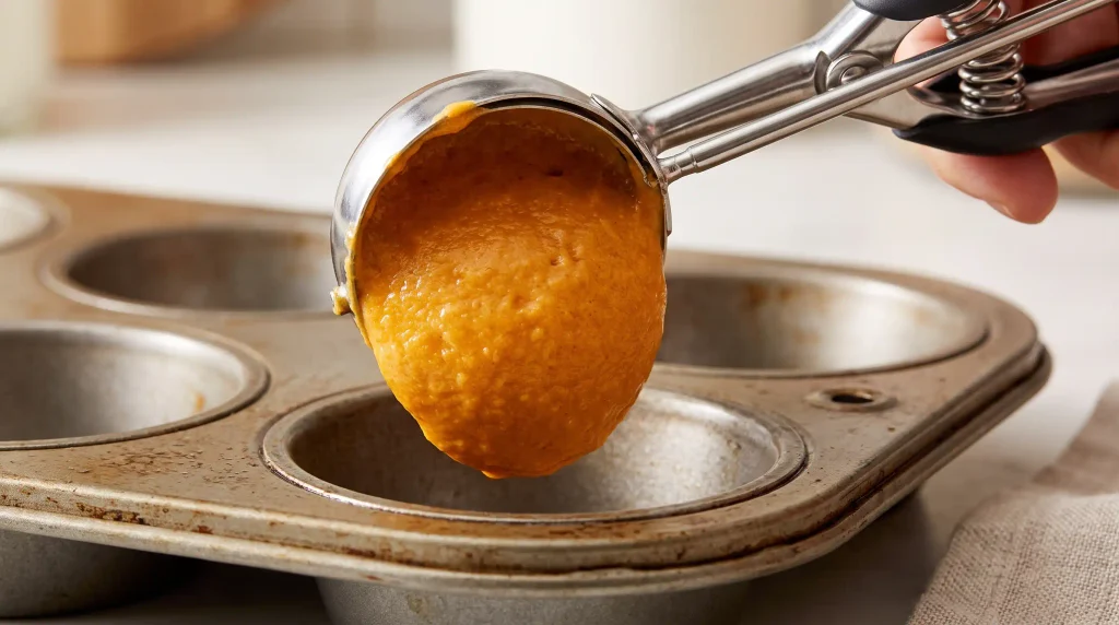 Using an OXO Good Grips cookie scoop to perfectly portion pumpkin muffin batter into a pan