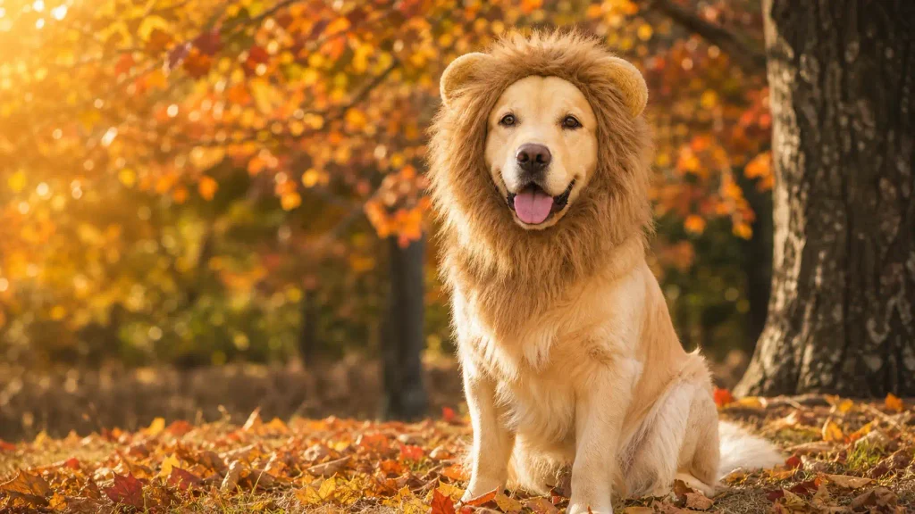 Golden retriever wearing realistic Pet Krewe Dog Lion Mane Costume sitting outdoors in autumn sunlight