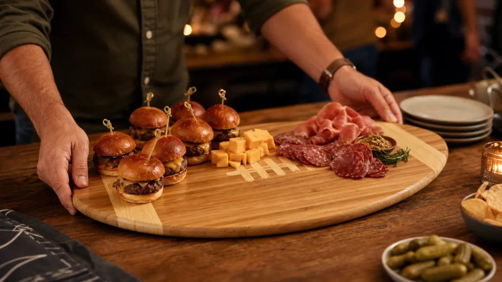Picnic Time bamboo football serving tray loaded with upscale tailgate charcuterie