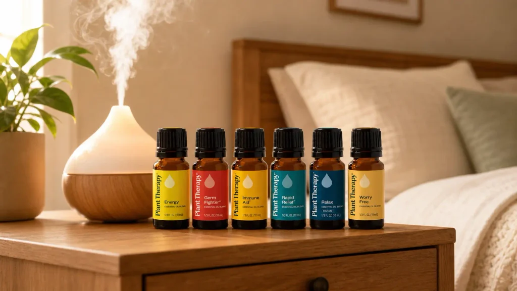 Amber bottles of Plant Therapy organic essential oils sitting beside a running bedroom humidifier.