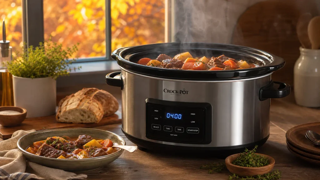 The best programmable slow cooker simmering beef stew on an autumn kitchen counter