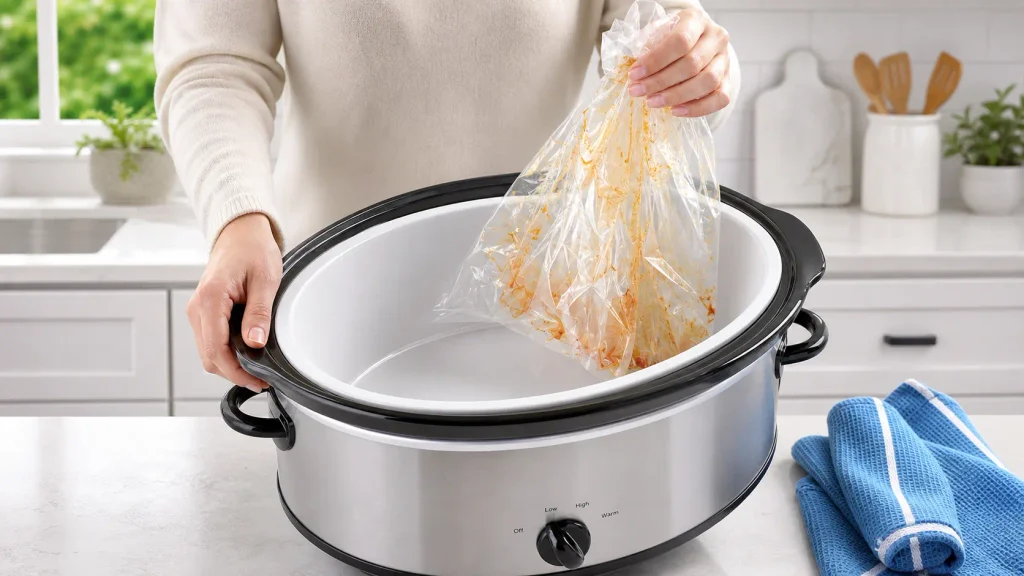 Lifting a disposable slow cooker liner filled with dinner leftovers out of a clean slow cooker bowl