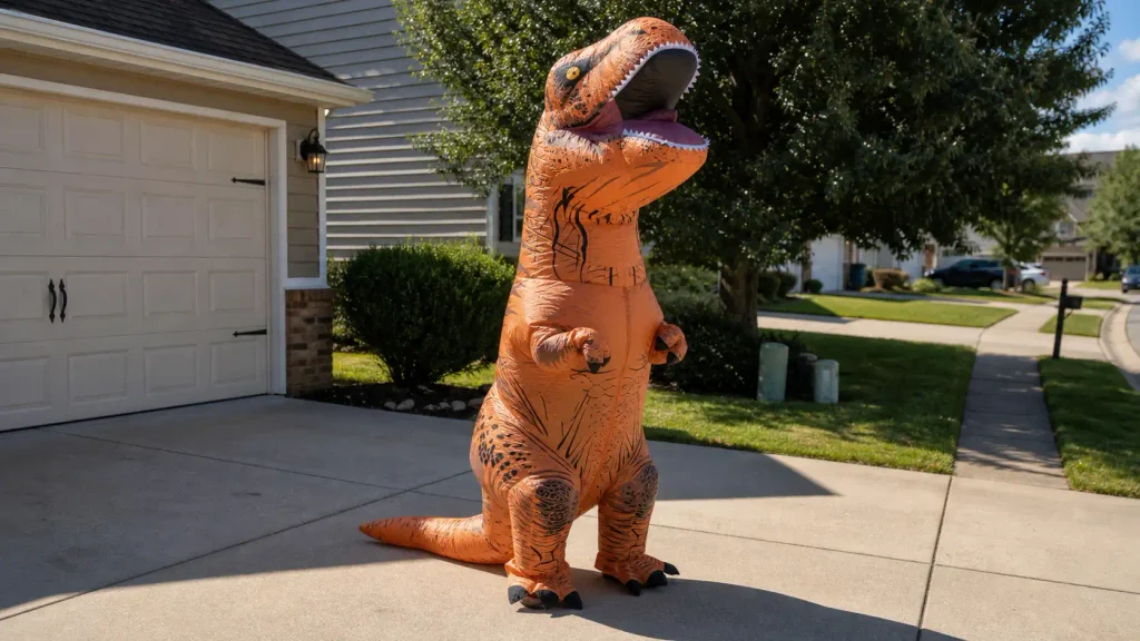 The massive Rubie's Official Jurassic World T-Rex inflatable costume fully inflated on a driveway.