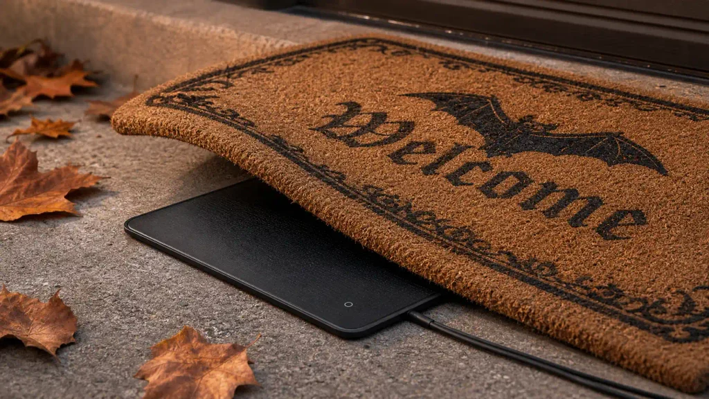 A heavy welcome mat lifted to reveal a hidden Halloween pressure sensor pad on a front porch.