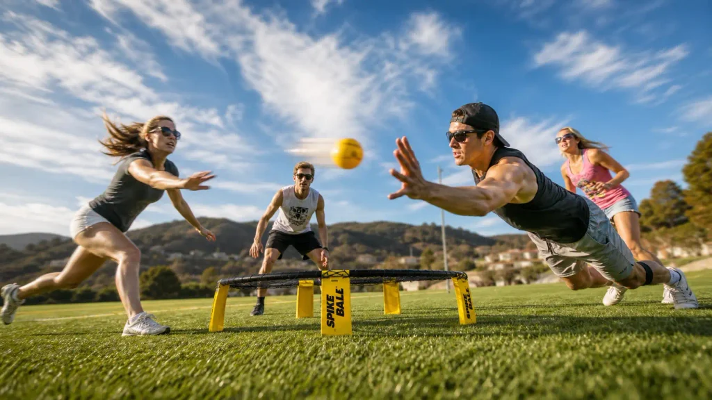Four players diving around a Spikeball roundnet on an autumn backyard lawn during a game
