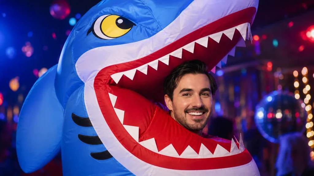 Close up of an adult wearing the Spooktacular Creations inflatable shark costume, highlighting the open-face design.