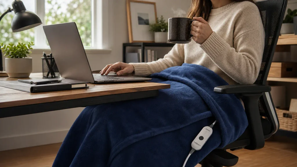 A lightweight Sunbeam fleece heated blanket being used by someone working at a home office desk.