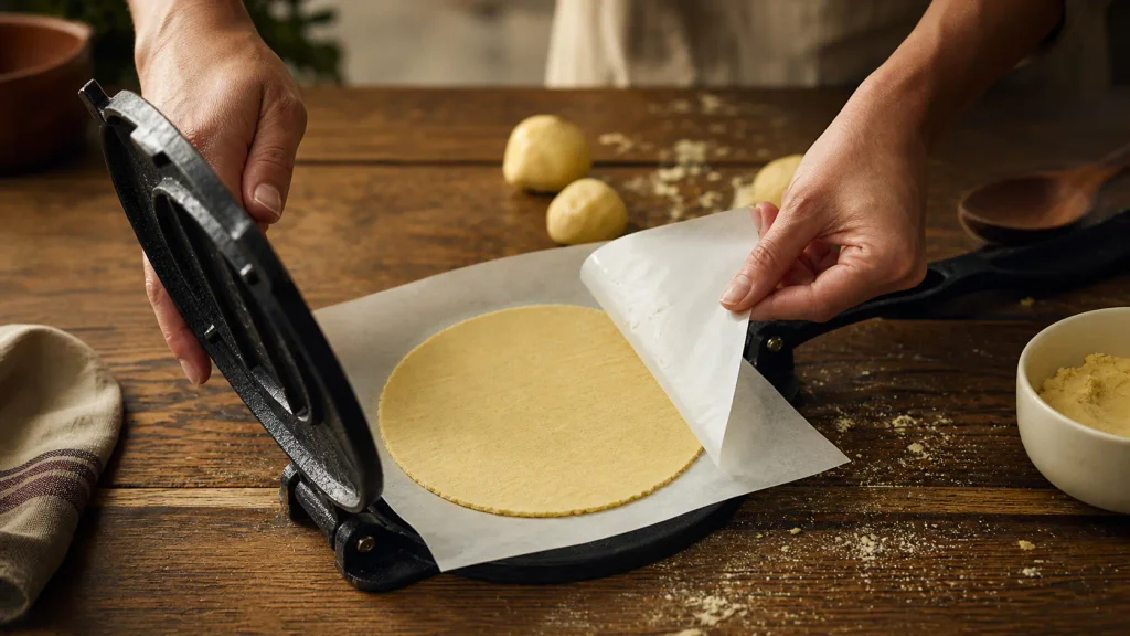 Opening the Uno Casa cast iron tortilla press to reveal a perfectly pressed corn tortilla on parchment paper.