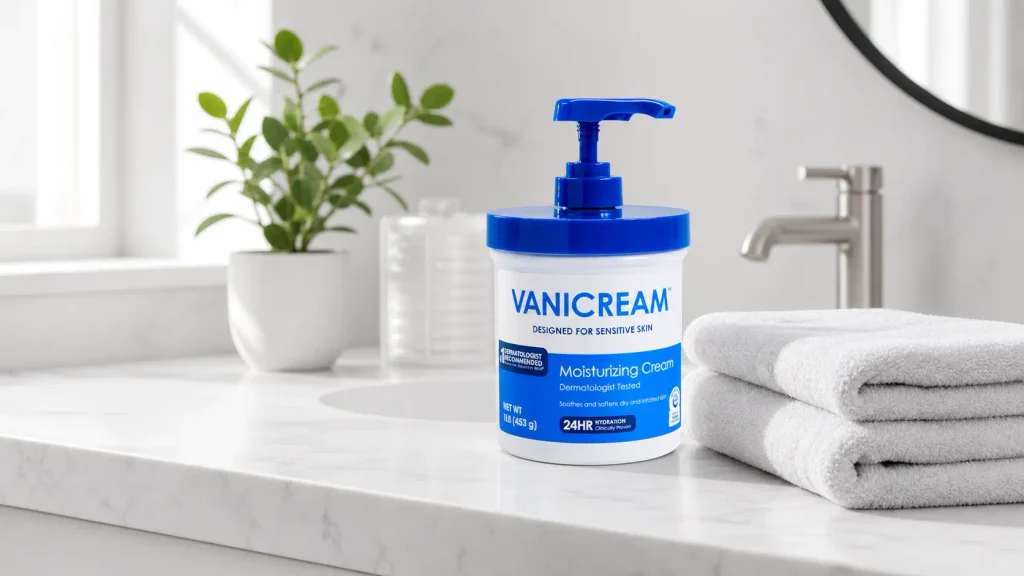 Vanicream moisturizing cream in its signature pump bottle on a clean bathroom counter.