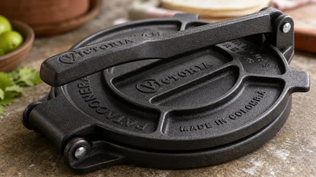 Heavy duty cast iron construction detail of the Victoria 8 inch tortilla press showing the textured surface and lever mechanism.