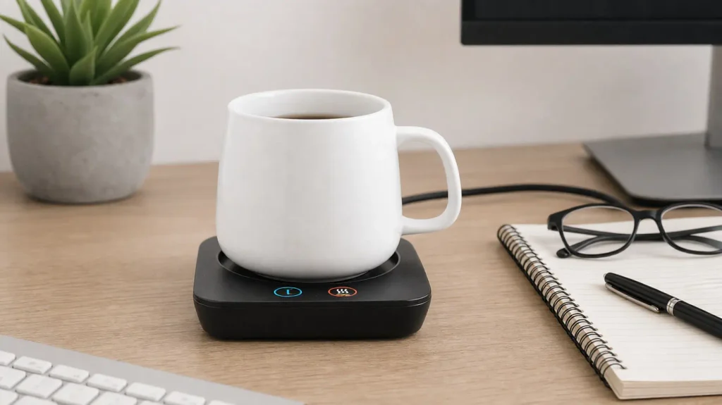 A white ceramic coffee mug resting on a VOBAGA electric mug warmer on a busy office desk.
