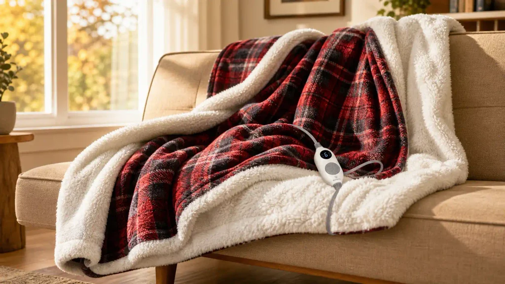 The Westinghouse reversible flannel and sherpa heated electric throw blanket resting on a comfortable living room sofa.