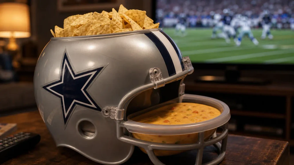 WinCraft NFL Snack Helmet filled with chips and queso during a football watch party