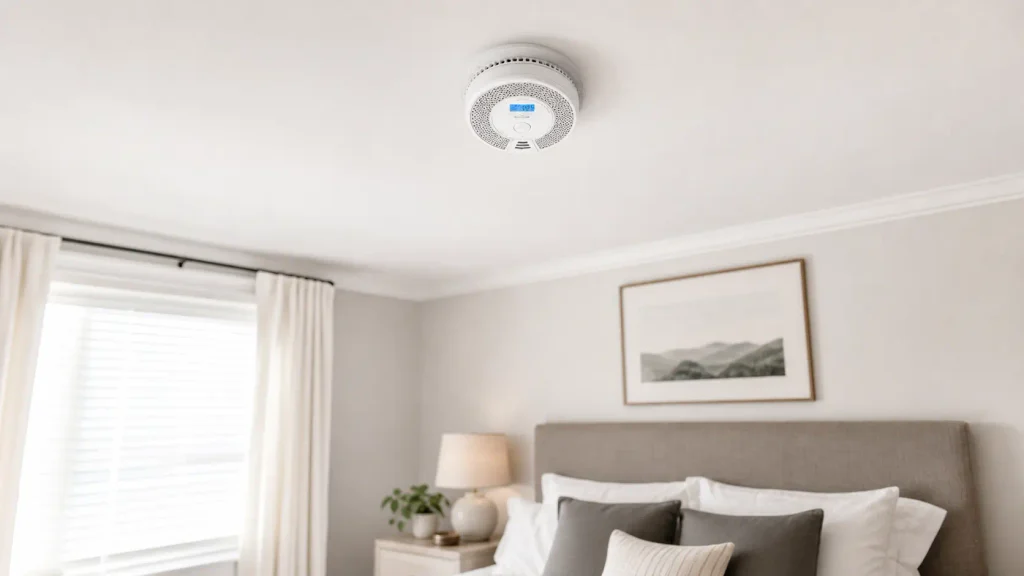 X-Sense SC07-W interconnected smoke and carbon monoxide detector mounted flush to a bedroom ceiling