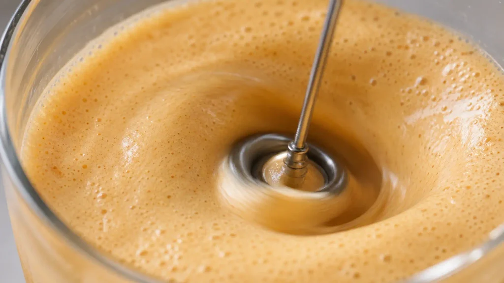 Zulay handheld frother whisk whipping cream and pumpkin syrup into thick cold foam inside a clear glass.