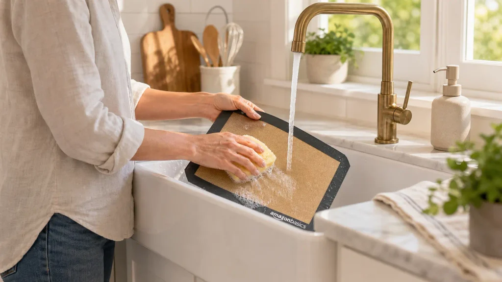 Rinsing baked-on cookie residue effortlessly off an Amazon Basics Silicone Baking Mat in a kitchen sink.