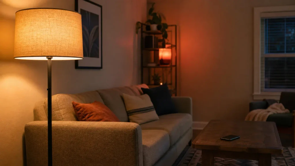 Amazon Basics Smart A19 LED Light Bulb glowing in a living room floor lamp