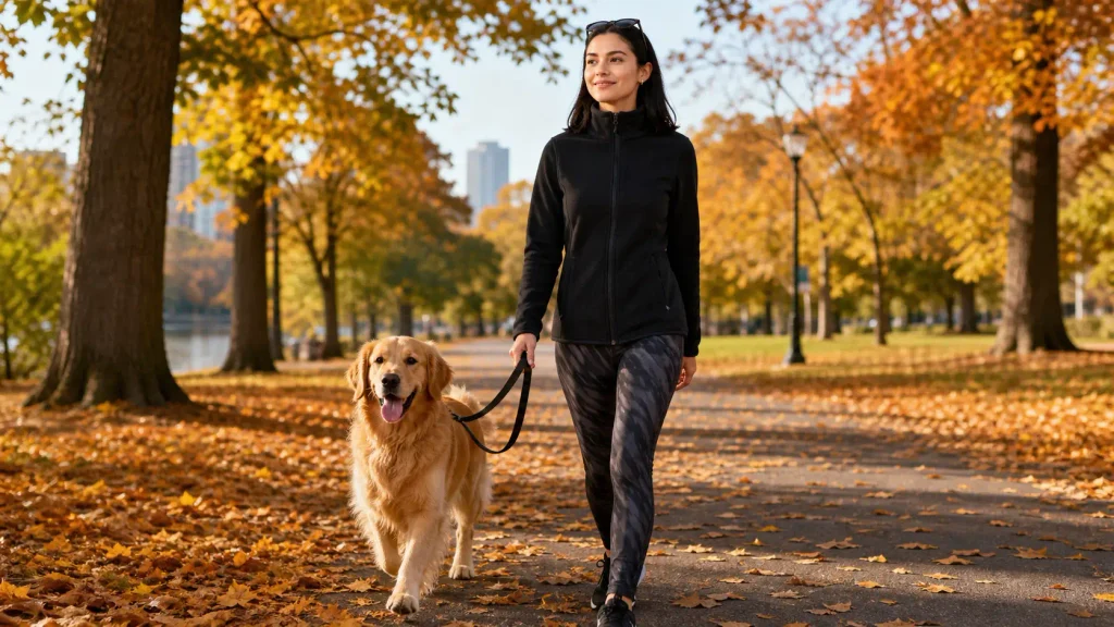 Woman wearing Amazon Essentials black polar fleece jacket walking a dog in autumn