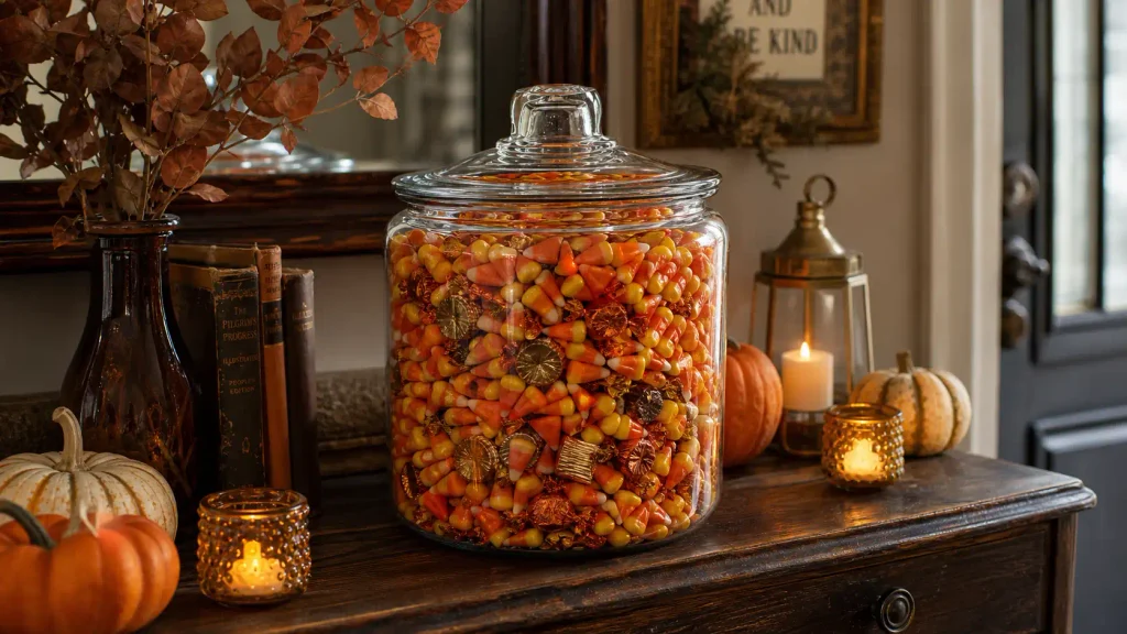 Anchor Hocking 1 gallon glass jar used as a vintage Halloween candy display