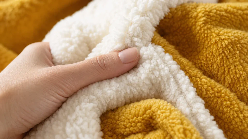 Close up detailing the soft, plush texture of the Bedsure Sherpa Fleece Throw Blanket 