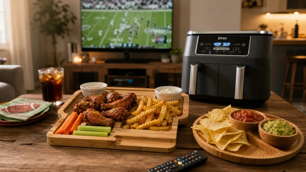 A complete football Sunday watch party setup featuring a dual basket air fryer and a bamboo charcuterie board loaded with game day snacks