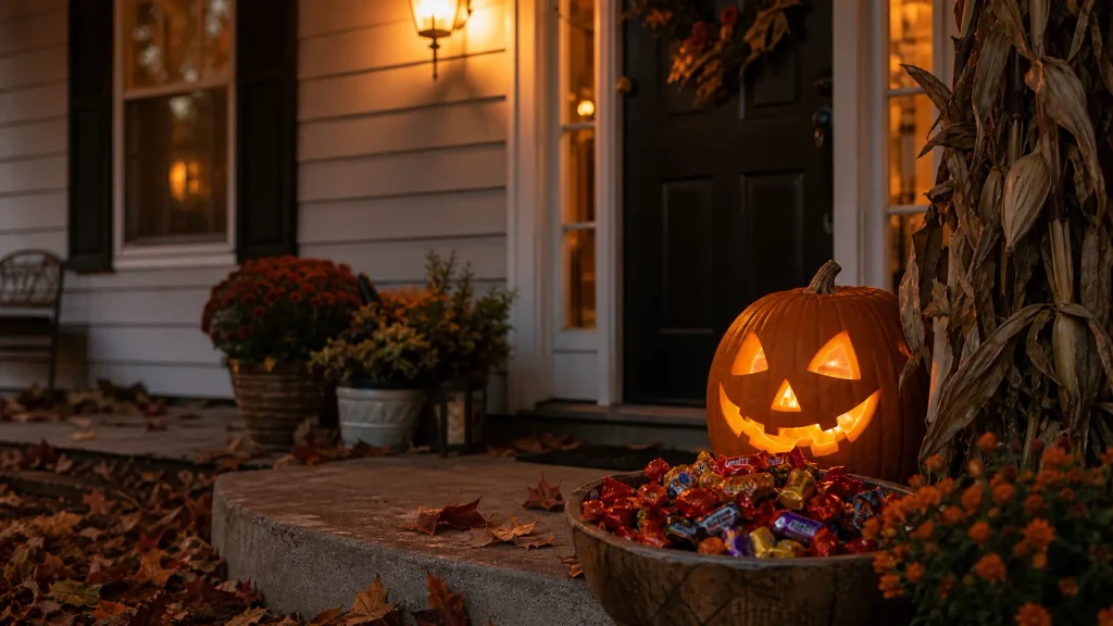 A cozy front porch featuring rustic Halloween treat displays with a large candy bowl next to a glowing pumpkin.