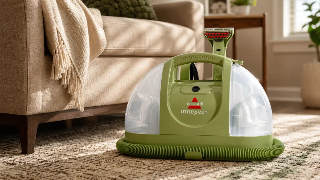 Bissell Little Green portable carpet cleaner sitting on a living room rug.