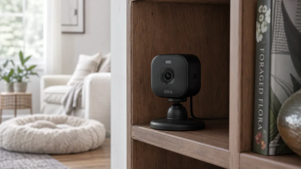 Blink Mini 2K+ monitoring a living room and pet area from a bookshelf