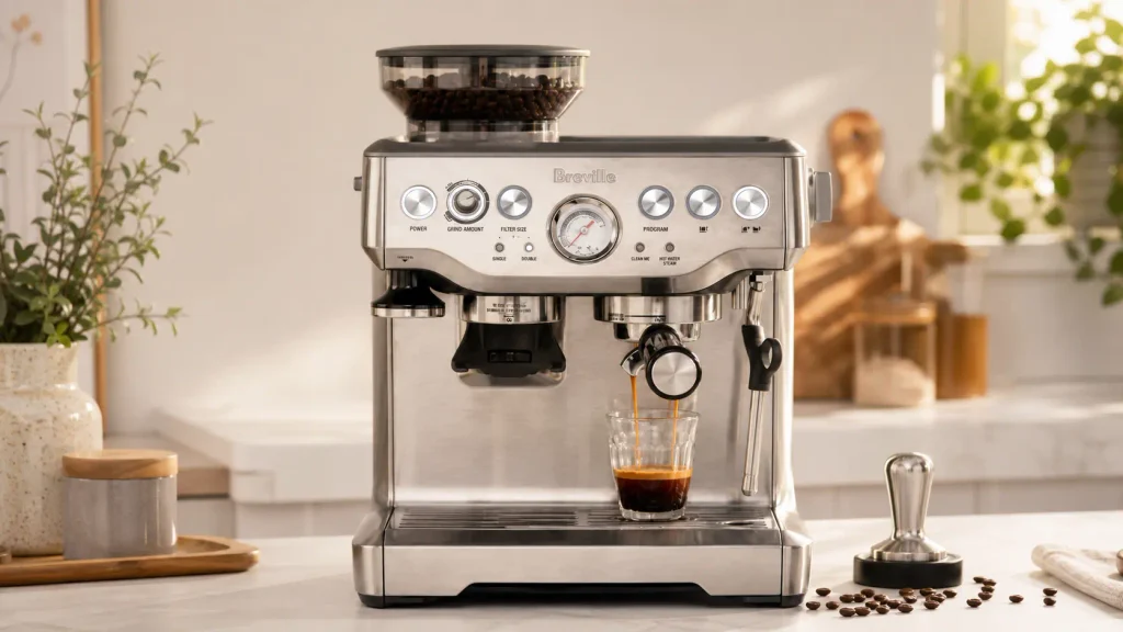 Breville Barista Express Espresso Machine pulling a fresh shot of coffee on a kitchen counter.