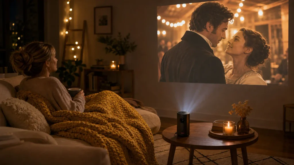 A cozy indoor projector movie night setup for fall featuring soft blankets and ambient lighting