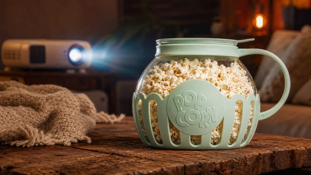 Fresh popcorn inside an Ecolution glass popcorn maker on a coffee table during a movie night
