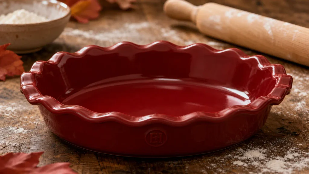 Emile Henry Made In France 9 Inch Pie Dish sitting on a flour-dusted kitchen counter, essential fall baking equipment.